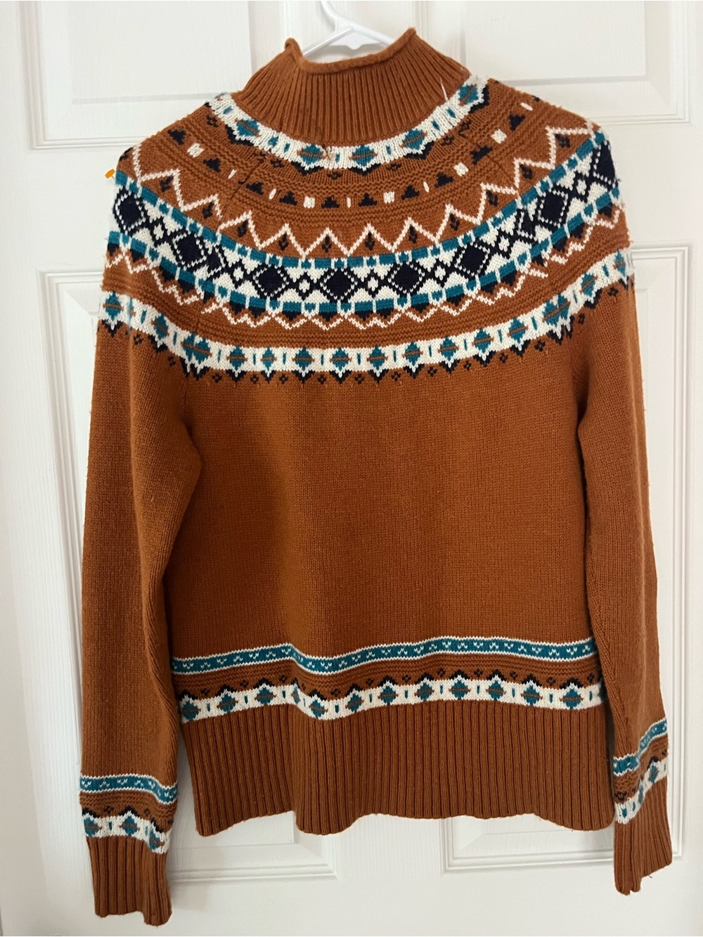 J.Crew SzS Fair Isle Lambswool Blend Mock Neck Sweater, Rust/Royal - Picture 3 of 7
